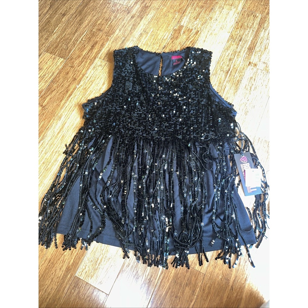 Rock & Roll Denim Ladies Sequin Fringe Black Tank Top Large
